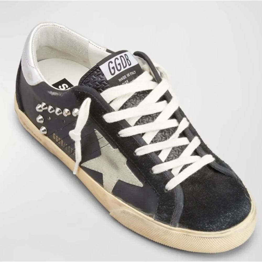 Golden Goose Studded Super-Star Leather Sneakers Black/Taupe/Silver 39